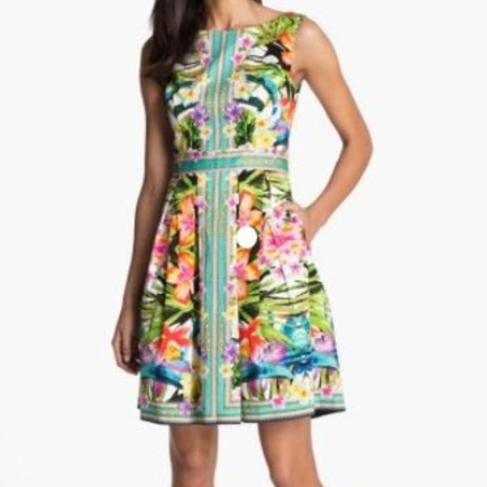 Tropical print sleeveless fit and flare dress